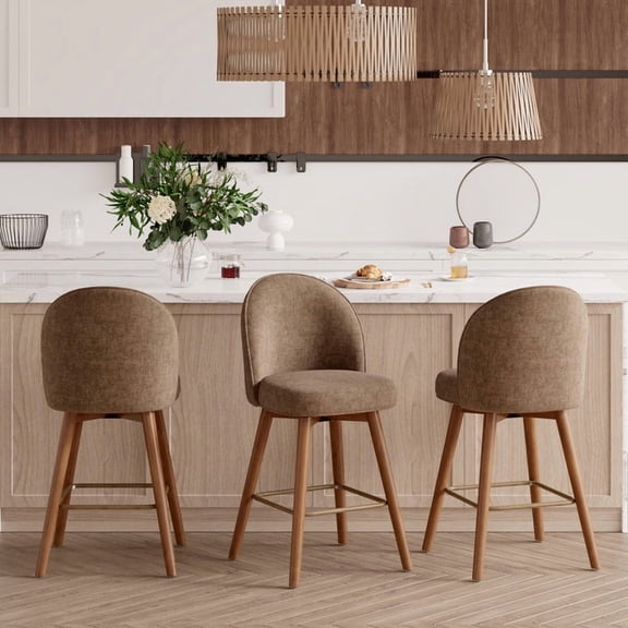 Daluvenix Swivel Counter Height Bar Stools Set of 3, 26" Upholstered Bar Chairs with Curved Back and Wood Legs, Mid Century Chenille Fabric Barstools, Modern Kitchen Island Chair