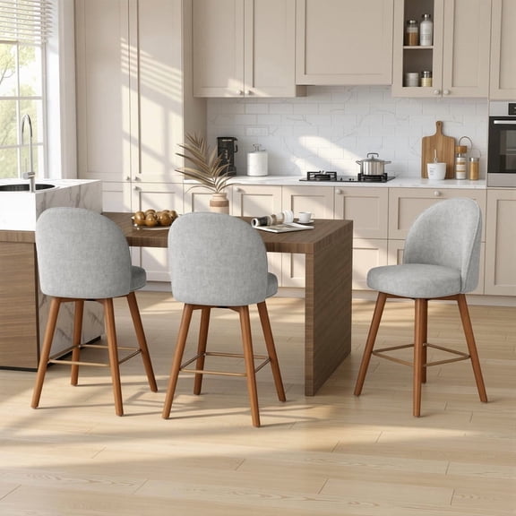 Daluvenix Swivel Counter Height Bar Stools Set of 3, 26" Upholstered Bar Chairs with Curved Back and Wood Legs, Mid Century Chenille Fabric Barstools, Modern Kitchen Island Chair