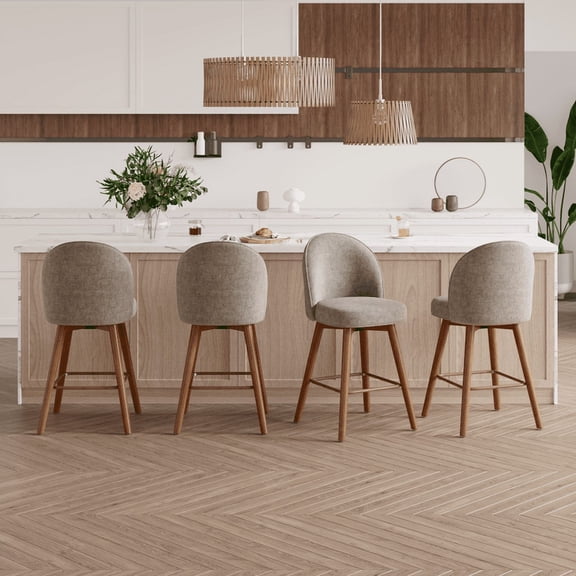 Daluvenix Swivel Counter Height Bar Stools Set of 4, 26" Upholstered Bar Chairs with Curved Back and Wood Legs, Mid Century Chenille Fabric Barstools, Modern Kitchen Island Chair
