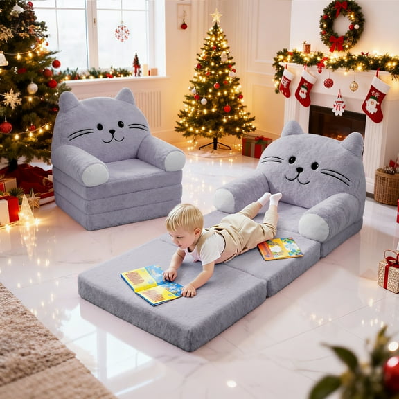 Daluvenix Toddler Sofa Chair, 2 In 1 Soft Convertible Kids Couch for Girls Boys, Cute Cartoon Armchair sofa bed for playroom, Best Birthday Gifts for Kids, Grey Cat