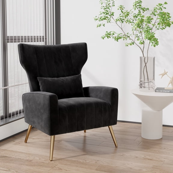 Daluvenix Velvet Accent Chair, Black Wingback Queen Chair with Gold Metal Legs, High Density Foam Cushion with S-Springs, Includes Lumbar Pillow, for Living Room Bedroom, 300 lbs