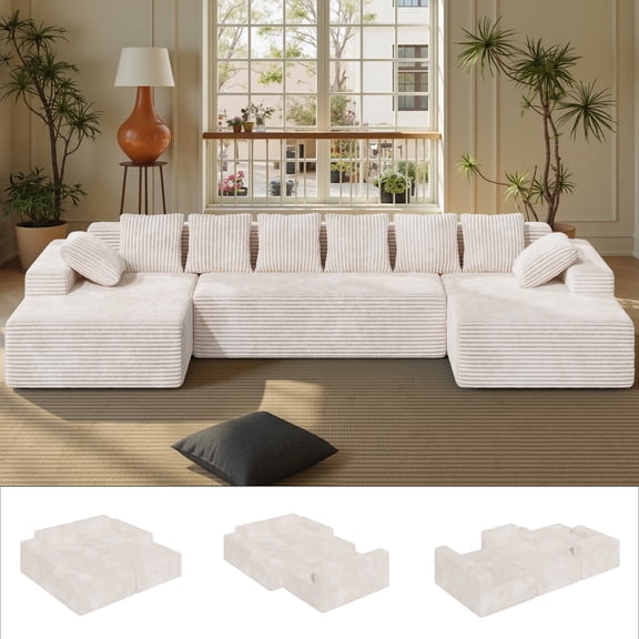 Daluvenix 131'' Modular Sectional Couch Modern U-Shaped Floor Sofa with Double Chaise Lounge Free Combination Luxury Couches for Living Room Beige