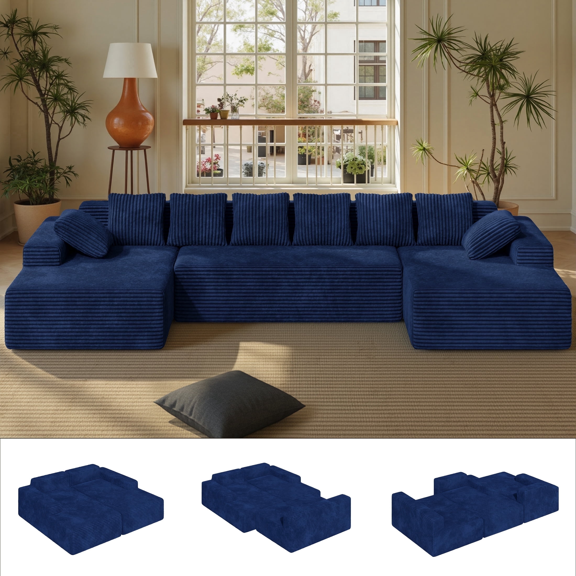 Daluvenix 131'' Modular Sectional Couch Modern U-Shaped Floor Sofa with Double Chaise Lounge Free Combination Luxury Couches for Living Room Blue