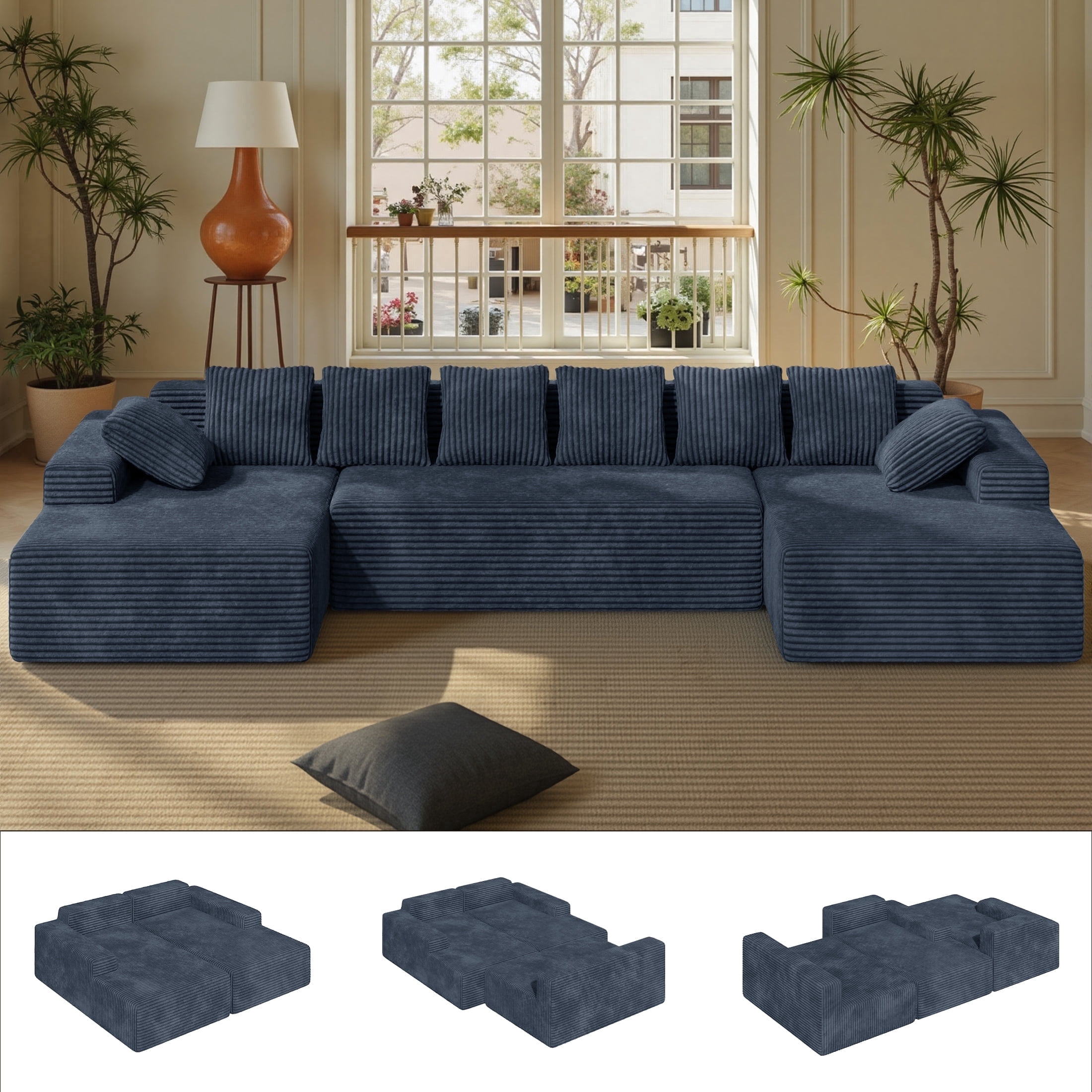 Daluvenix 131'' Modular Sectional Couch Modern U-Shaped Floor Sofa with Double Chaise Lounge Free Combination Luxury Couches for Living Room Gray