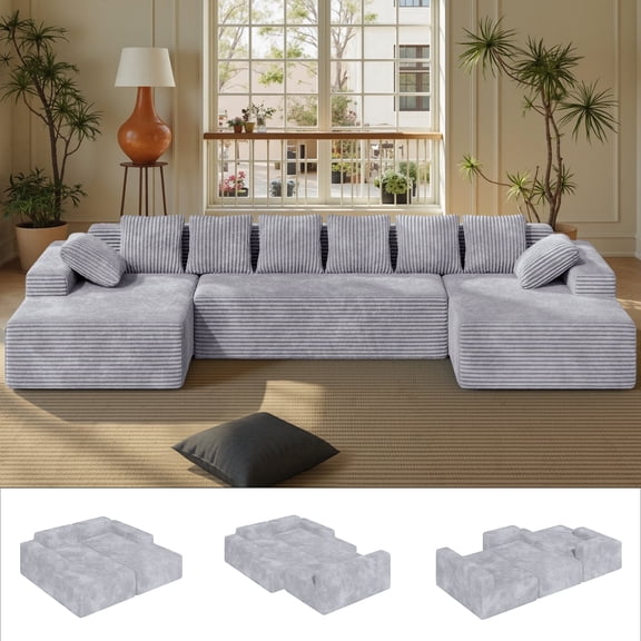 Daluvenix 131'' Modular Sectional Couch Modern U-Shaped Floor Sofa with Double Chaise Lounge Free Combination Luxury Couches for Living Room Light Gray