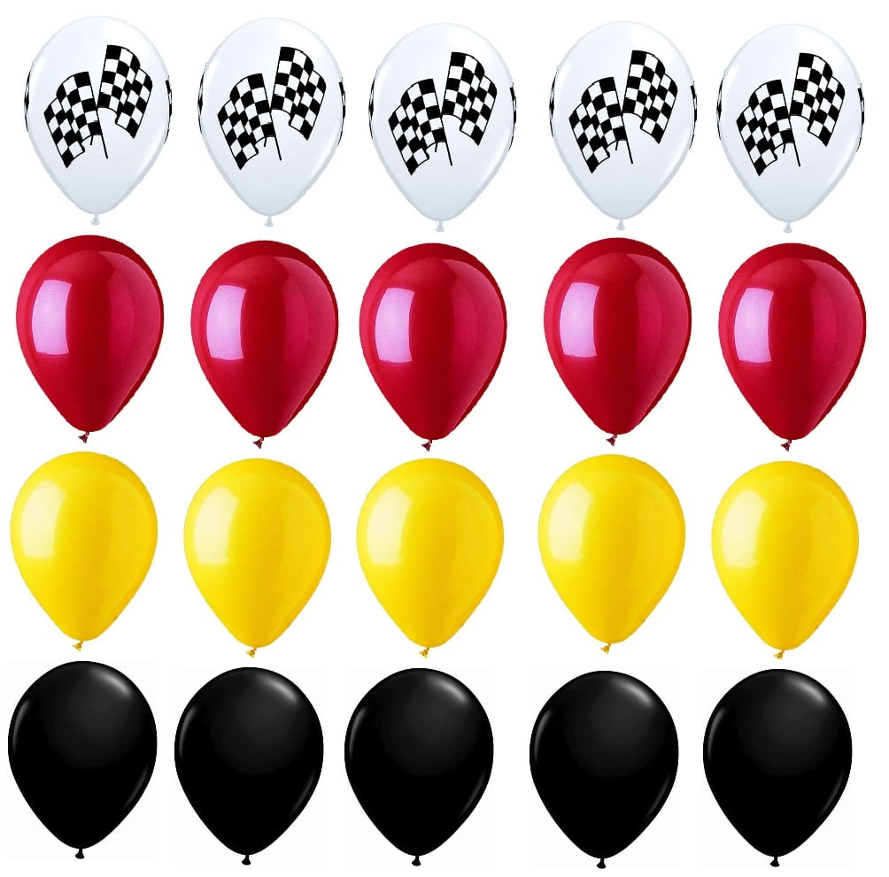DalvayDelights 11" Multi-color Blaze Monster Truck Race Car Racing Chekered Flags Red Yellow Black Latex Balloons Set 20 Count