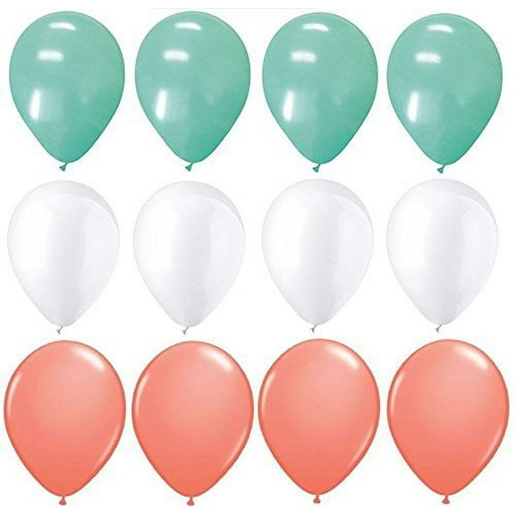 DalvayDelights 12 Mint Green White Dark Coral 12" Party Baby Shower Wedding Deluxe Latex Balloons