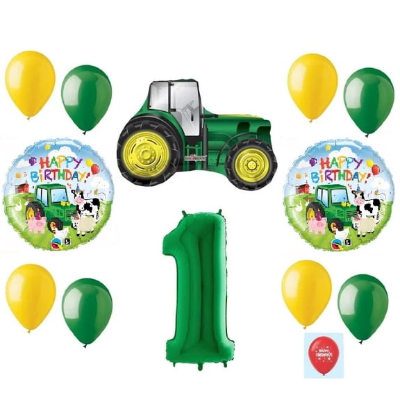 DalvayDelights 13 Piece New Balloon Set Green 1st #1 Birthday Tractor First Party Favors Gift Decoration
