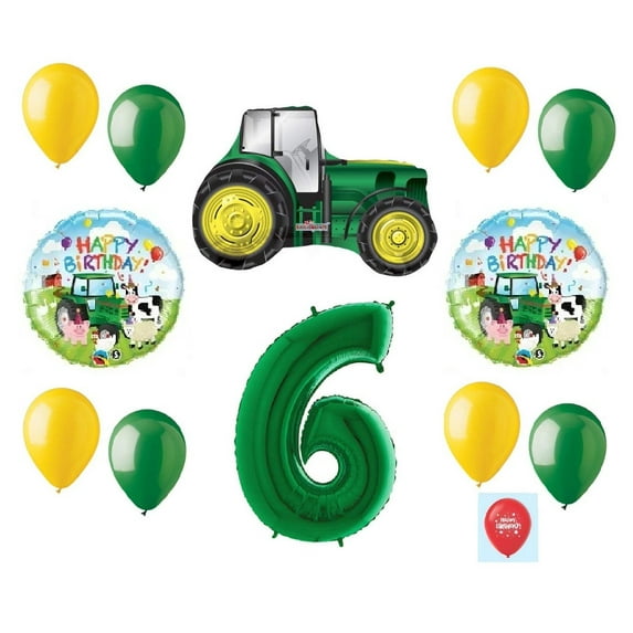 DalvayDelights 13 Piece New Balloon Set Green 6th #6 Birthday Tractor Sixth Party Favors Gift Decoration