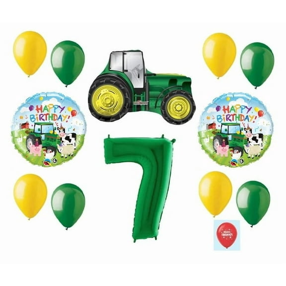 DalvayDelights 13 Piece New Balloon Set Green 7th #7 Birthday Tractor Seventh Party Favors Gift Decoration