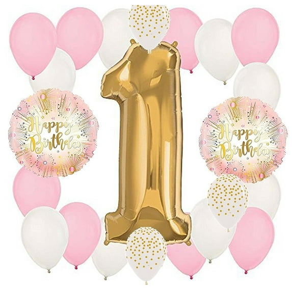 DalvayDelights 22 Piece Rose Pink Gold Polka Dots Starburst Confetti Dot Girl's Girl Number ONE #1 1st Happy Birthday Party Mylar & Latex Balloons Set