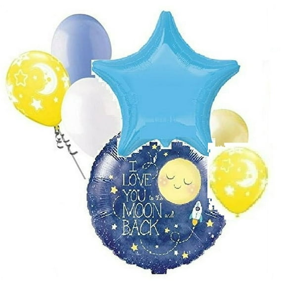 DalvayDelights 7 pc It's a Baby Boy Stars & Moon Love You to The Moon Back Balloon Bouquet Party Decoration Welcome C
