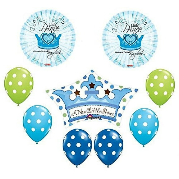 DalvayDelights BOY A Little Prince Crown Polka DOTS Baby Shower 9 Piece Mylar & Latex Balloons Set