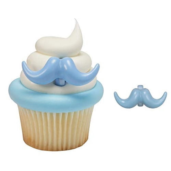 DalvayDelights Boy Blue Mustache Gender Reveal Party Topper Cupcake Rings by DecoPac 24 Pack
