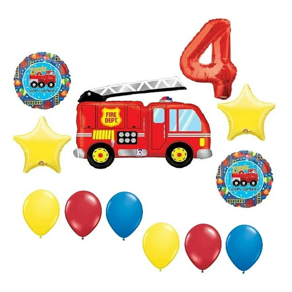 DalvayDelights Firetruck Fire Truck Engine Rescue 4th #4 Happy Birthday Celebration 12 Piece Party Ballloons Set