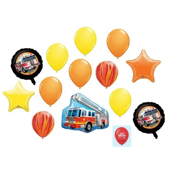 DalvayDelights Firetruck Fire Truck Engine Rescue Ring Fire Happy Birthday Celebration 14 Piece Party Foil Mylar Latex Balloons Set