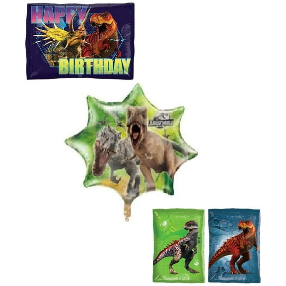 DalvayDelights Jurassic World Dinosaur Dino T-REX Happy Birthday 3 Piece Birthday Party Mylar Balloons Set