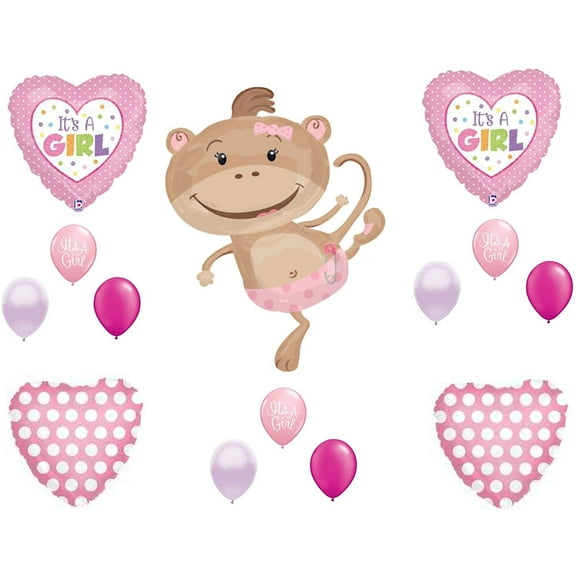 DalvayDelights Monkey Diaper Bow It's a Girl Baby Shower Polka Dots (14) Safari Jungle Balloons Set