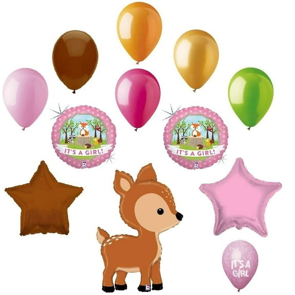 DalvayDelights Oh Deer 12 pc Woodland It's a Girl Baby Shower Animal Balloons Bouquet Party Decoration Set