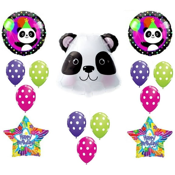 DalvayDelights PANDA Bear Head Pandamonium Black White Dots Jungle Zoo 14 Piece Party Mylar & Latex Balloons Set and (1) 66' Roll of Curling Balloon Ribbon in a coordinating color