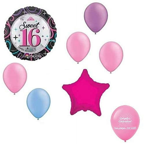 DalvayDelights Sweet 16 16th Neon Hot Pink Blue Purple 8 Piece Birthday Party Bouquet Balloons Set
