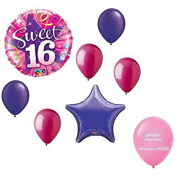 DalvayDelights Sweet 16 16th Purple Rose Pink Stars 8 Piece Birthday Party Bouquet Balloons Set