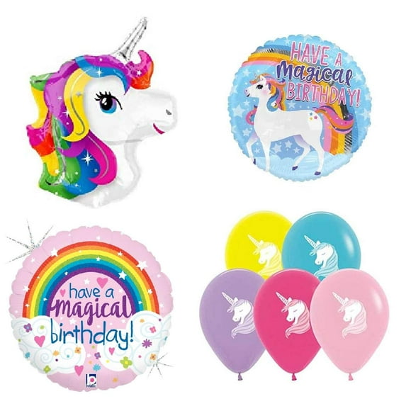 DalvayDelights Unicorn Head Rainbow Have a Magical Birthday 8 Piece Mylar and Latex Balloons Set C