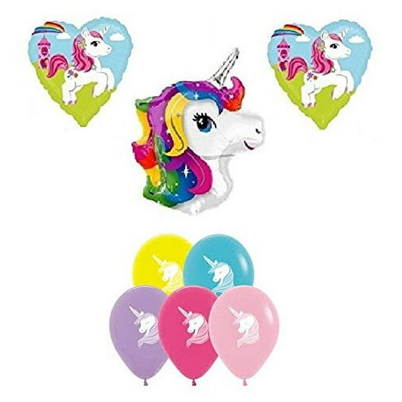 DalvayDelights Unicorn Head Rainbow Heart Castle Princess 8 Piece Mylar and Latex Balloons Set