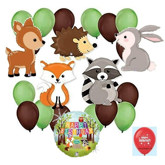 DalvayDelights Woodland Critters Ultimate Deer Rabbit Bunny Raccoon Fox Hedgehog 23pc Mylar and Latex Balloon Party Kit