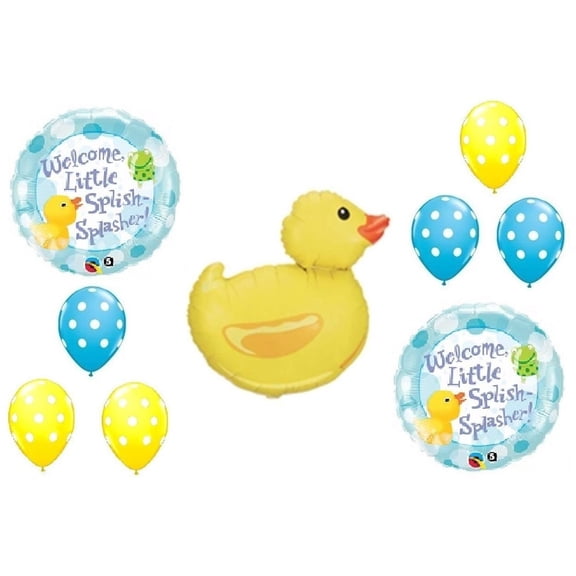DalvayDelights Yellow Duck Rubber Ducky Splish Splash Splasher 9 Piece Yellow and Blue Polka Dots Baby Shower Mylar and Latex Balloons- Plus Free Ribbon!