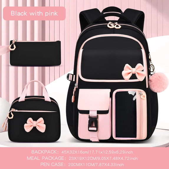 Dalxymotic Bow Backpack Set, Cute 3-Piece Shoulder Backpack with Lunch Bag, Large Capacity Casual Daypack with Pencil Case, Bow Backpack Set for Daily Travel, Outdoor, Home, Office