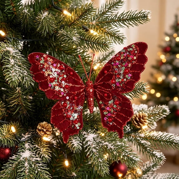 Dalxymotic Christmas Butterfly Tree Decoration, 1Pcs Sequins Butterfly Clips Flower Props, Winter Decor Festival Scene, Christmas Decorations Indoor Outdoor for Tree, Wreath, Table