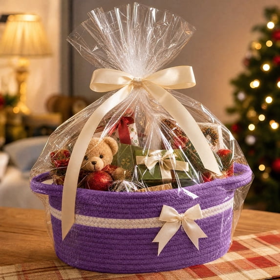 Dalxymotic Christmas Gift Basket, Cotton Rope Woven Storage Basket with Bow, Holiday Gift Giving Container, Christmas Decorations Indoor Outdoor for Home, Tabletop, Mantel, Shelf