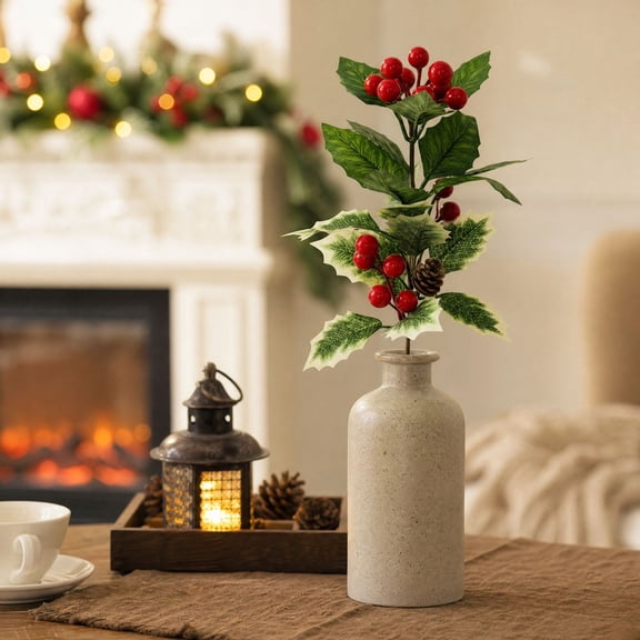 Dalxymotic Christmas Holly Sprigs, Artificial Holly Sprigs, Faux Pine Cone Red Berry Stems, Holiday Floral Picks, Christmas Decorations Indoor Outdoor for Home, Table, Wreath, Vase