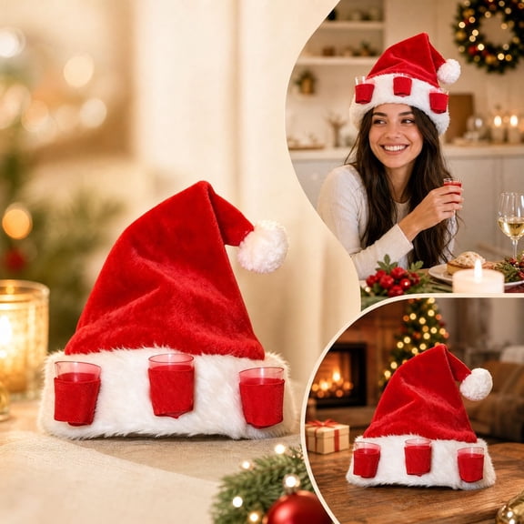 Dalxymotic Christmas Party Hat, Santa Drink Hat With 3 Shot Glass Holders, Funny Xmas Party Accessory, Party Game Prop, Christmas Decorations Indoor Outdoor for Home, Bar, Table