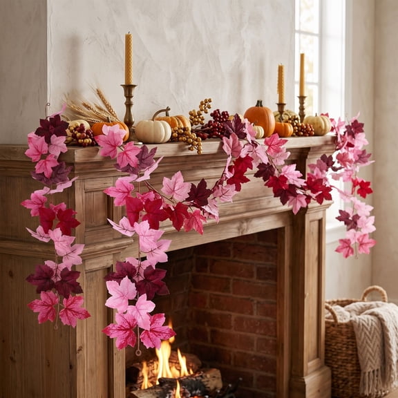 Dalxymotic Fall Harvest Garland, Maple Leaf Artificial Flexible Pink Vines, Festive Rustic Colorful Autumn Foliage, Harvest Accent, Fall Decor for Home, Mantel, Table, Fireplace