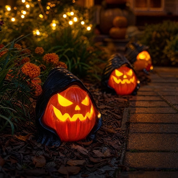 Dalxymotic Halloween Pumpkin Lamp, Lighted Resin Spooky Gourd Ornament, Halloween Decorations Indoor Outdoor, Fall Decor, Festive Spooky Tabletop Decor for Home, Window, Mantel, Party