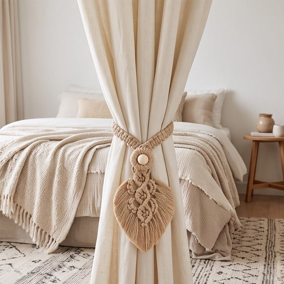 Dalxymotic Macrame Curtain Tiebacks, Boho Leaf Curtain Tiebacks, Hand Woven Cotton Holdbacks with Wooden Beads, Curtain Tiebacks for Bedroom, Living Room, Home, Window, Door