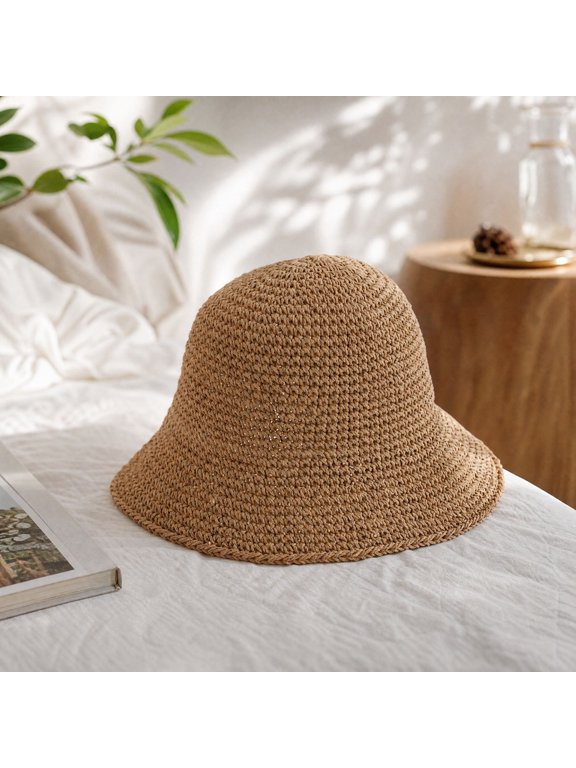 Womens Crochet Bucket Hat, Foldable Straw Summer Sun Protection Cap, Adjustable Drawstring Travel Fisherman Hat, Packable Beach Cover for Beach, Vacation, Pool, Park