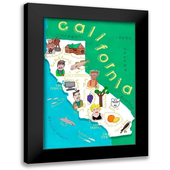 Daly, Carla 11x14 Black Modern Framed Museum Art Print Titled - Illustrated State Maps California