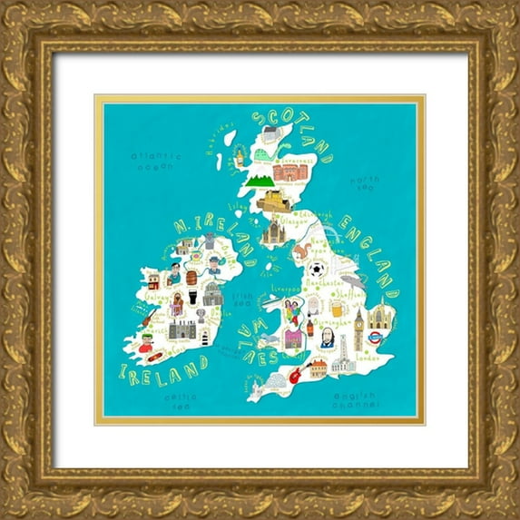 Daly, Carla 12x12 Gold Ornate Wood Framed with Double Matting Museum Art Print Titled - Illustrated Countries UK + Ireland