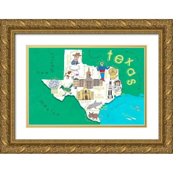 Daly, Carla 14x11 Gold Ornate Wood Framed with Double Matting Museum Art Print Titled - Illustrated State Maps Texas