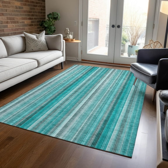 Addison Rugs Chantille Indoor/Outdoor Transitional Stripes Teal Washable Rectangle Rug, 5' x 7'6"
