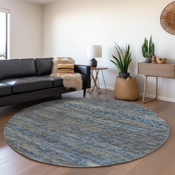 Addison Rugs Mayfield Washable Transitional Horizontal Bars Blue Round Rug, 8' x 8'
