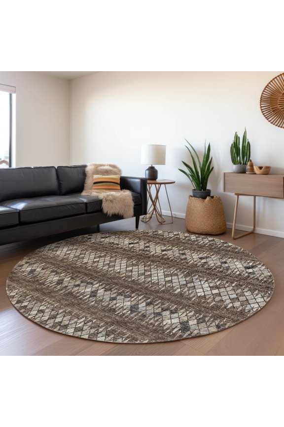 Mayfield Washable Transitional Chevron, Argyle Brown Round Rug, 8' x 8'