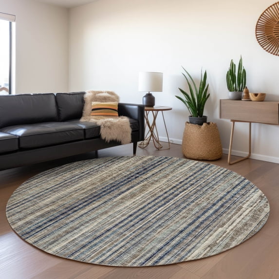 Addison Rugs Mayfield Washable Transitional Textured Stripes Earth Round Rug, 8' x 8'
