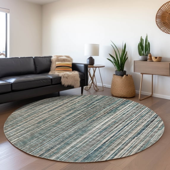 Addison Rugs Mayfield Washable Transitional Textured Stripes Peacock Round Rug, 8' x 8'