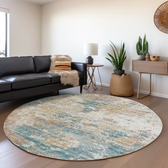 Addison Rugs Mayfield Washable Transitional Soft Abstract Teal Round Rug, 8' x 8'