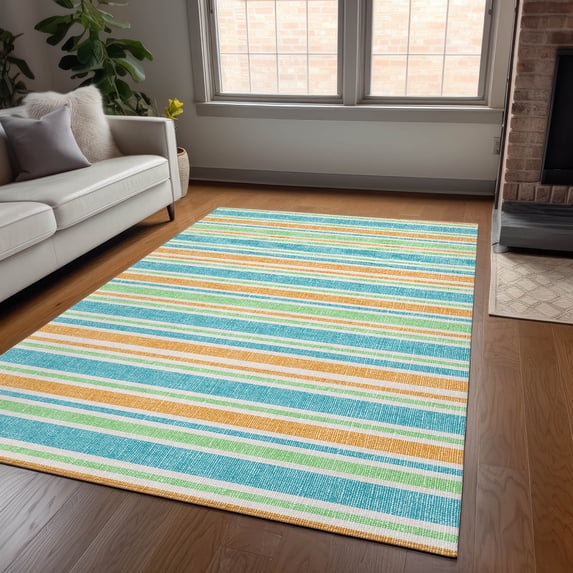 Addison Rugs Chantille Indoor/Outdoor Transitional Stripes Teal Washable Rectangle Rug, 2'6" x 3'10"