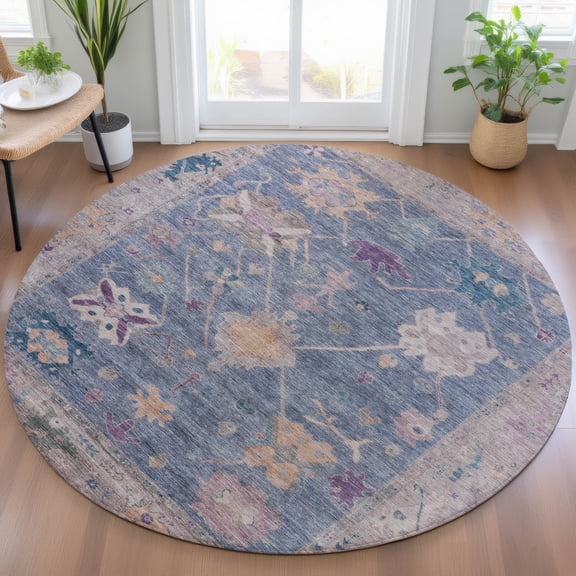 Addison Rugs Chantille Indoor/Outdoor Traditional Global Blue Machine Washable Round Rug, 8' x 8'